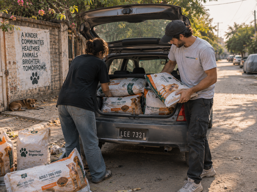 Two Paw Guardian volunteers loading bags of dog food into a car boot at sunrise