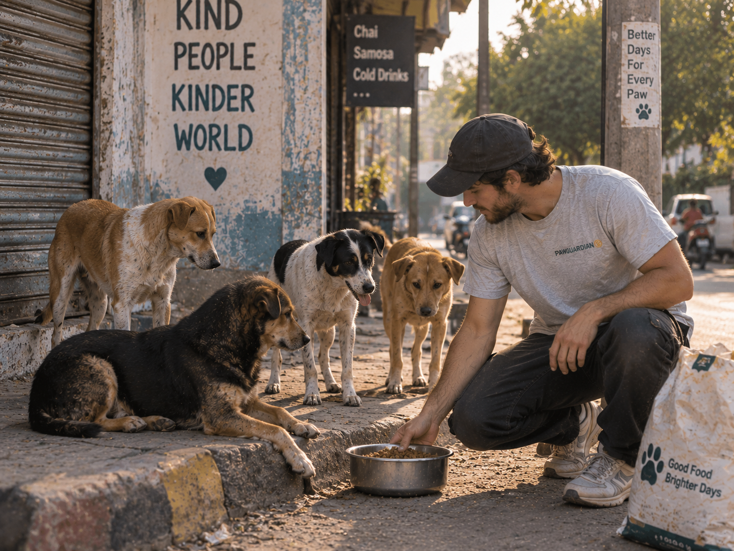 Paw Guardian van on a coastal street, pouring food into bowls for a long line of street dogs