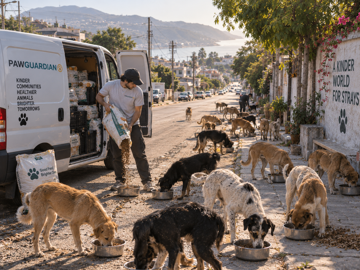 A Paw Guardian volunteer kneeling to set down a bowl of food as four street dogs wait on the kerb