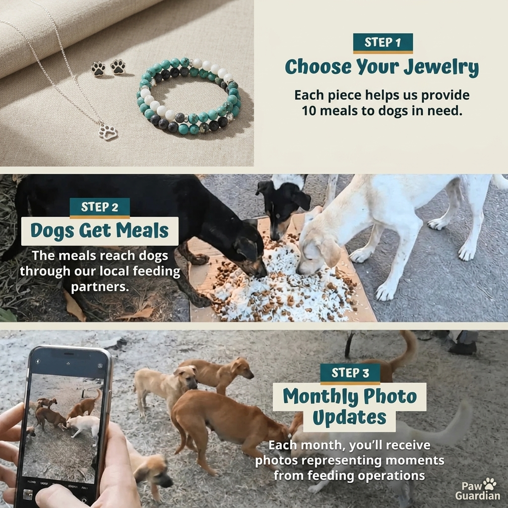 Step 1 choose your jewelry, step 2 dogs get meals, step 3 monthly photo updates