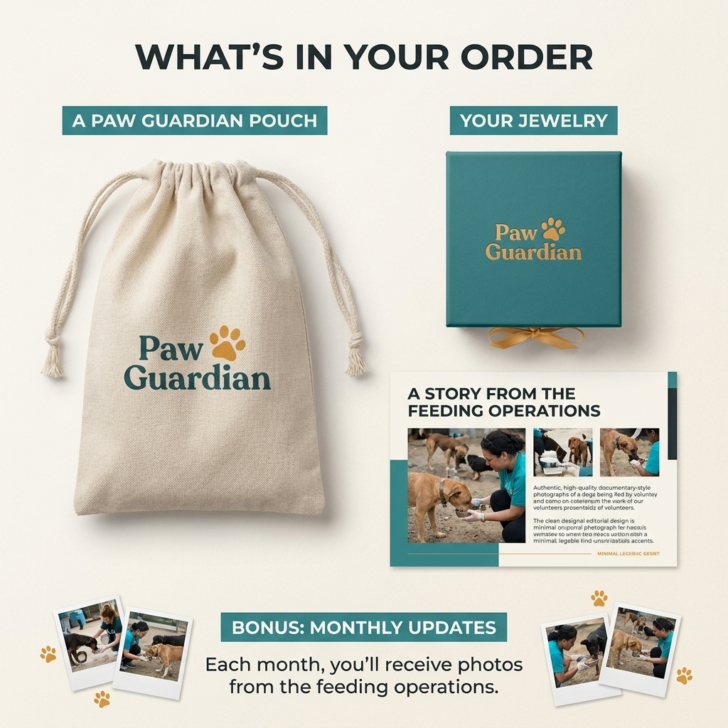 What's in your order: Paw Guardian pouch, your jewelry, a story from the feeding operations